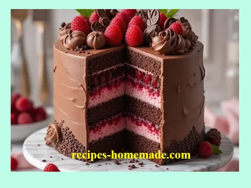 Delicious Chocolate Raspberry Mousse Cake garnished with fresh raspberries