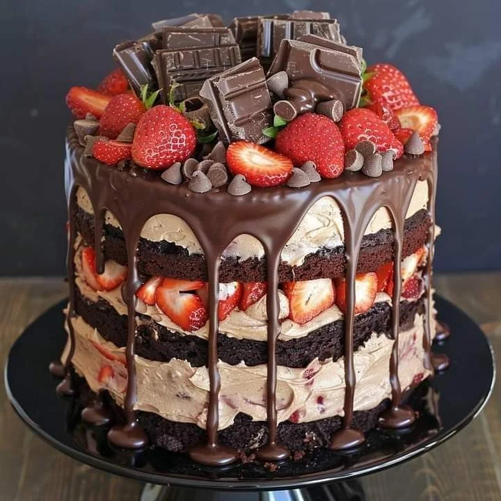 Decadent Chocolate Strawberry Drip Cake with chocolate glaze and fresh strawberries on top.