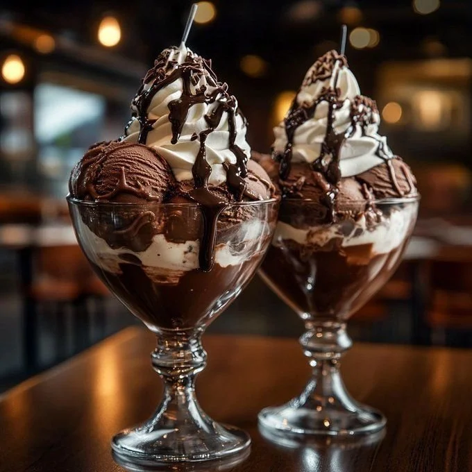 Delicious chocolate sundae with ice cream, hot fudge, and whipped cream
