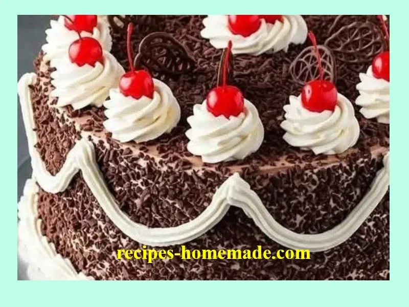 Delicious slice of Classic Black Forest Cake topped with cherries and whipped cream