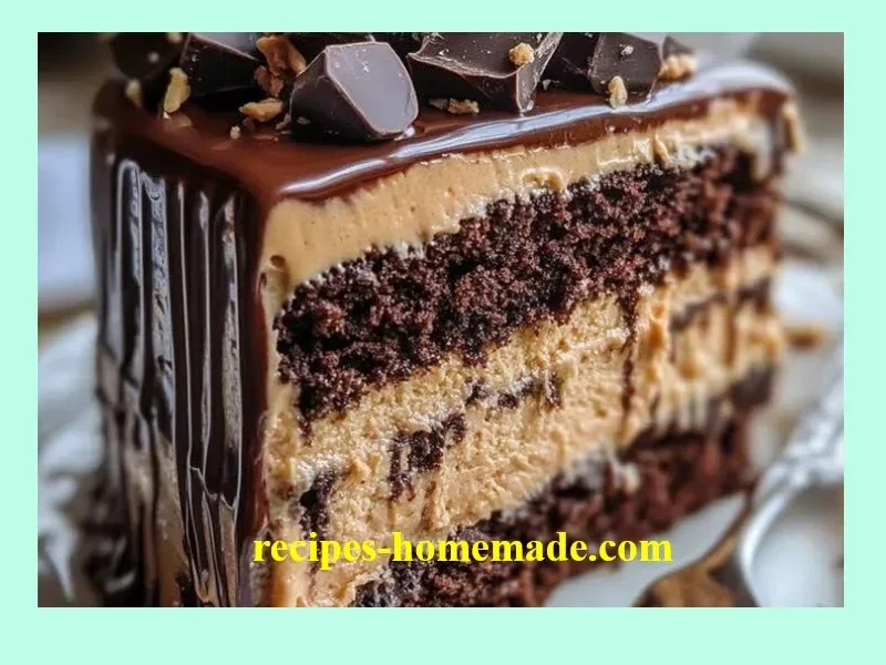 Slice of classic chocolate cake with rich frosting and chocolate shavings.