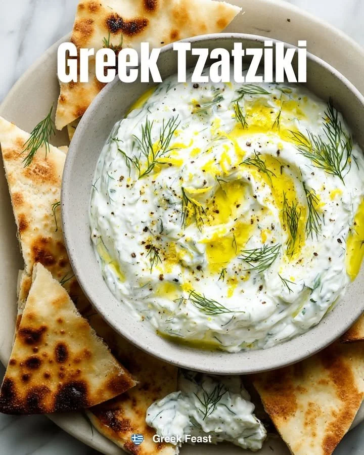Bowl of classic Greek tzatziki sauce with fresh herbs and cucumber