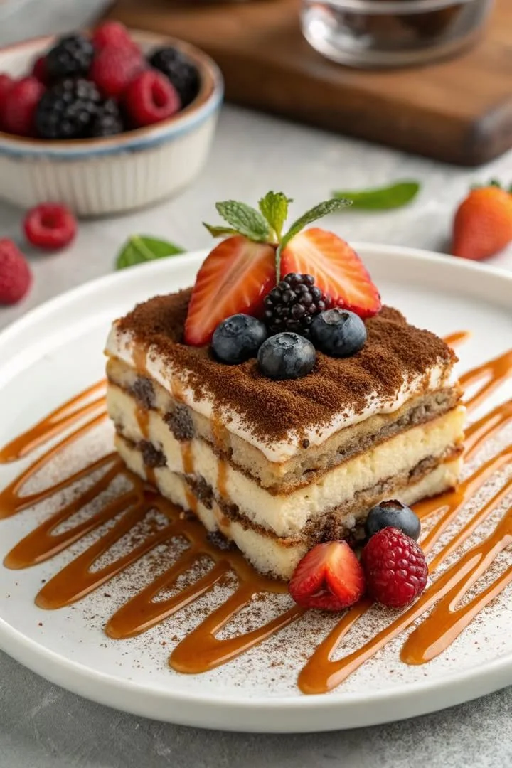 Classic tiramisu topped with fresh berries and a rich caramel drizzle