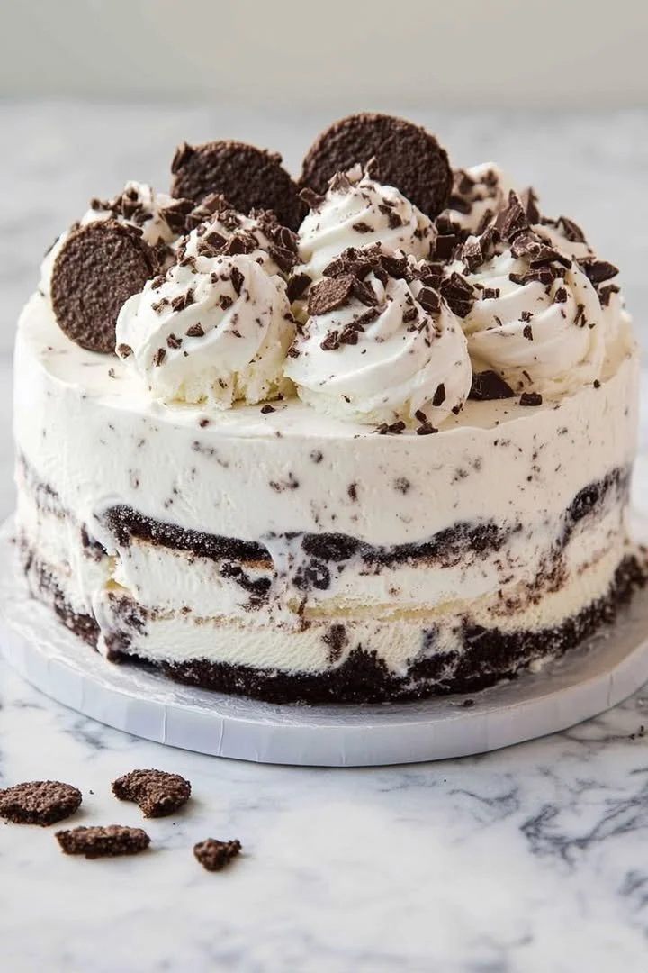 Delicious Cookies and Cream Cake with chocolate cookie chunks and creamy frosting