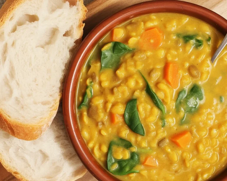A bowl of golden Turmeric-Spiced Lentil Soup garnished with fresh herbs.