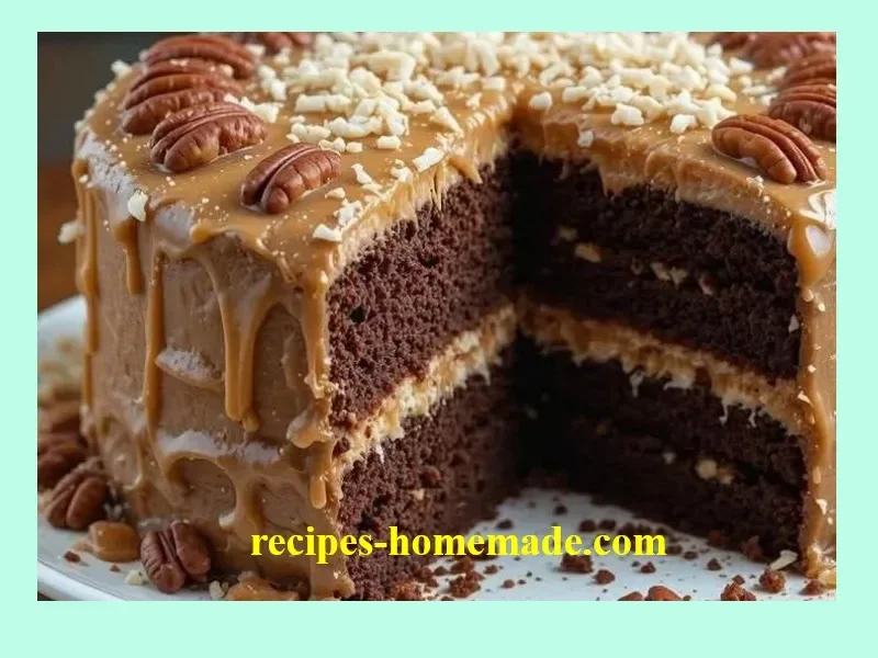 Decadent Chocolate Caramel Pecan Cake with rich layers of chocolate and caramel