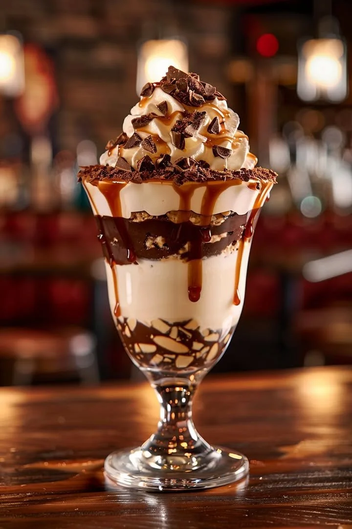 Decadent chocolate caramel sundae with rich chocolate sauce and whipped cream