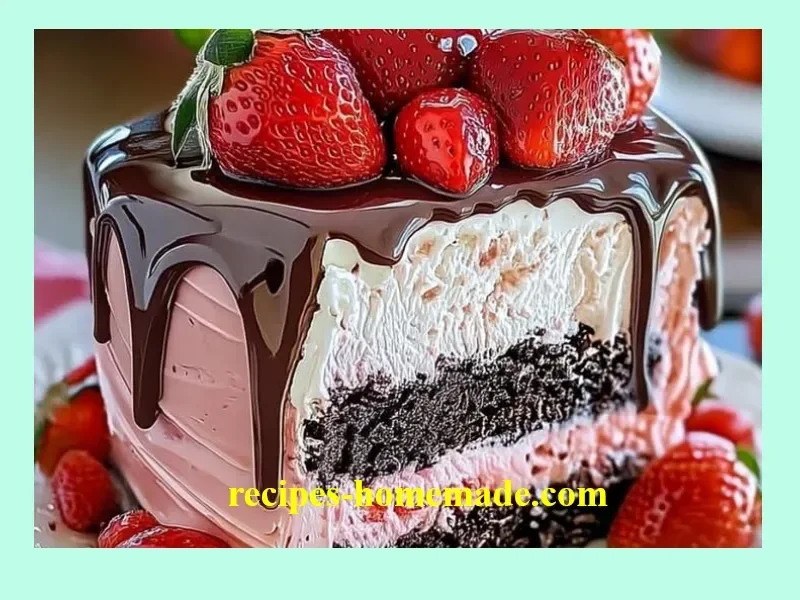 Decadent strawberry chocolate cake with ice cream and fresh strawberries on top