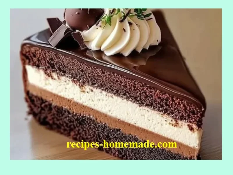 Decadent triple chocolate mousse cake with layers of rich chocolate and whipped cream