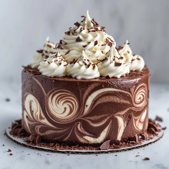 Decadent double chocolate cheesecake cake topped with chocolate ganache.