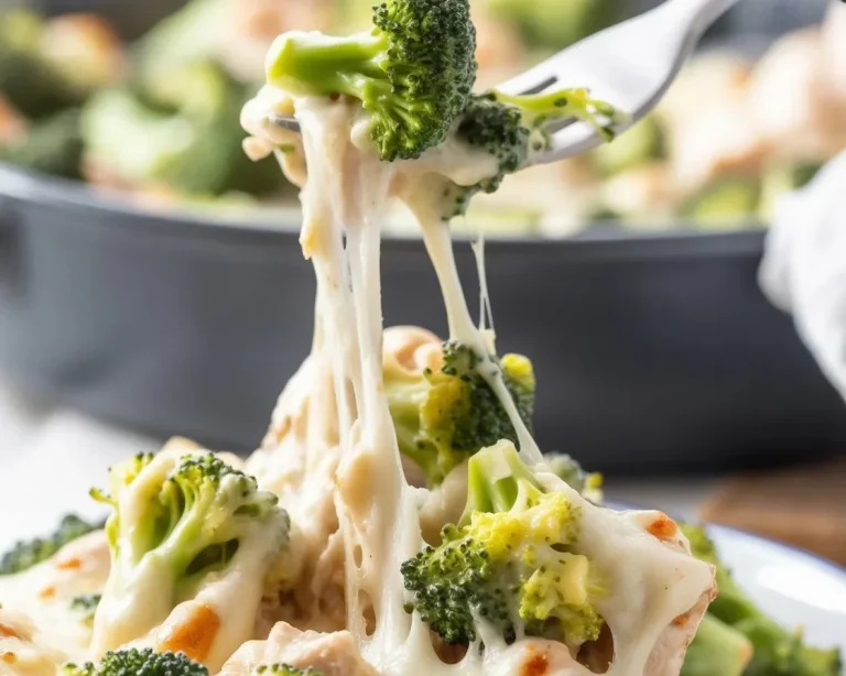 A delicious keto chicken casserole with cheese and vegetables in a baking dish.