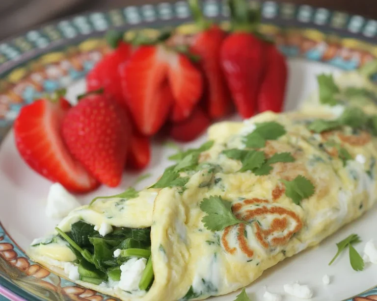 Egg White Omelette with Spinach and Feta served on a white plate with fresh herbs.
