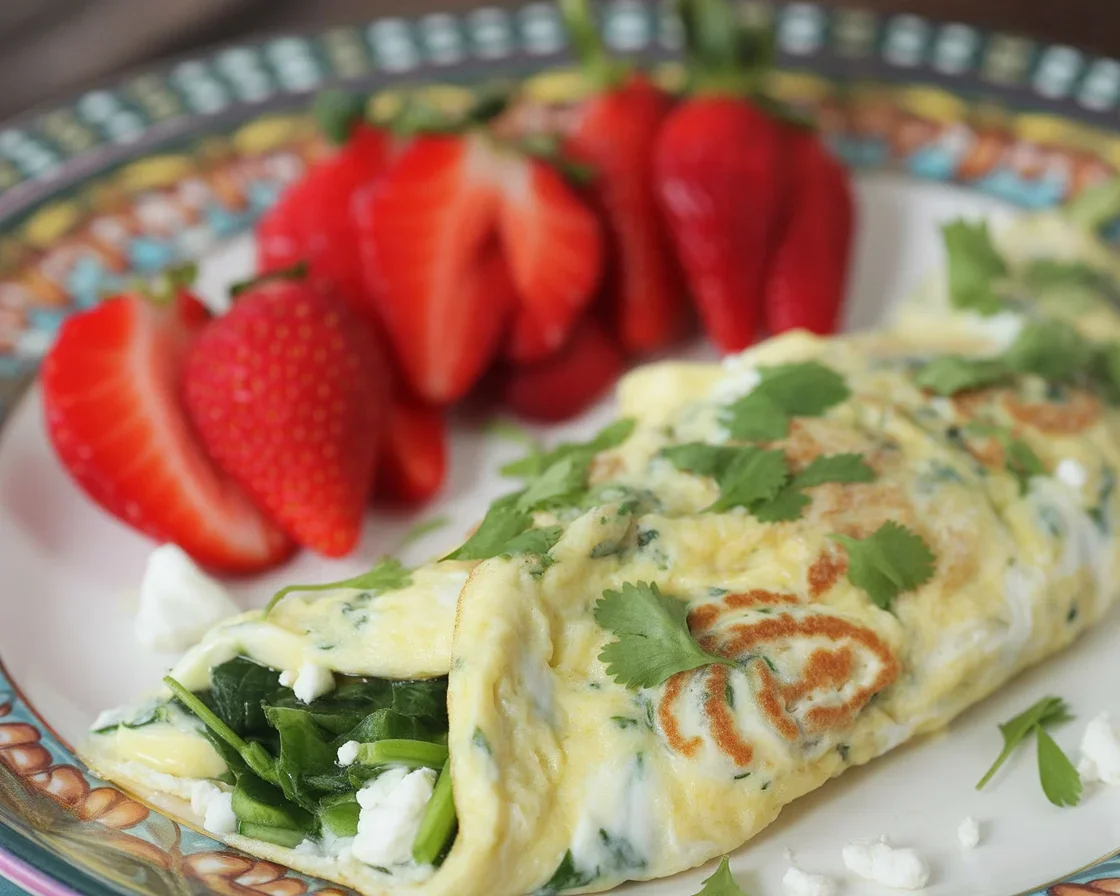 Egg White Omelette with Spinach and Feta served on a white plate with fresh herbs.