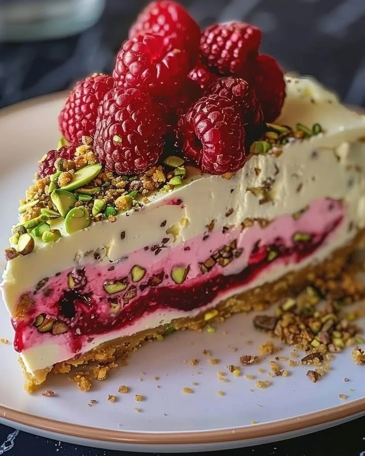 Elegant pistachio raspberry cheesecake with a crunchy topping and vibrant colors.