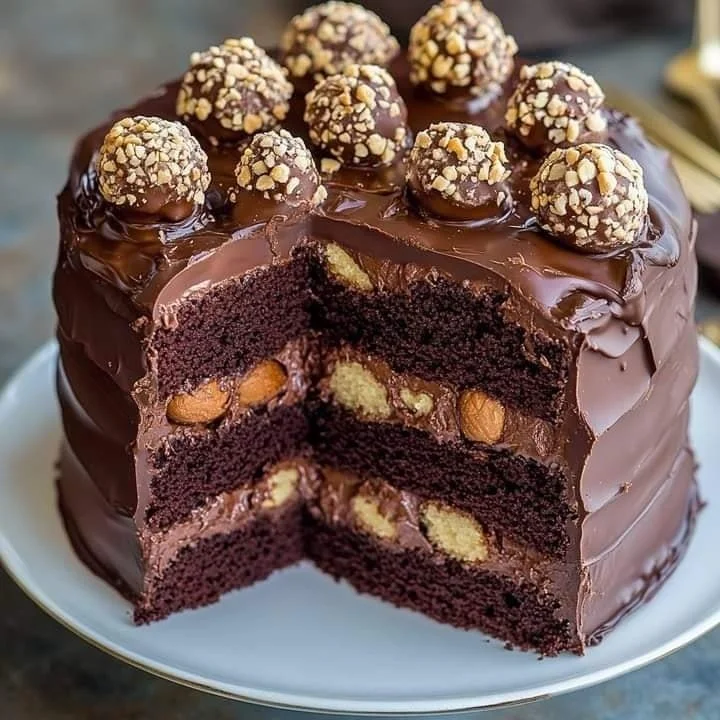 Delicious Ferrero Rocher cake topped with chocolate and hazelnuts