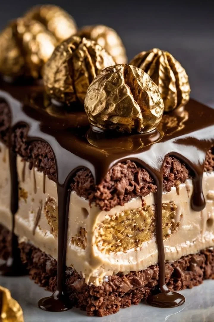 Ferrero Rocher Inspired Chocolate Mousse Cake with chocolate and hazelnut toppings