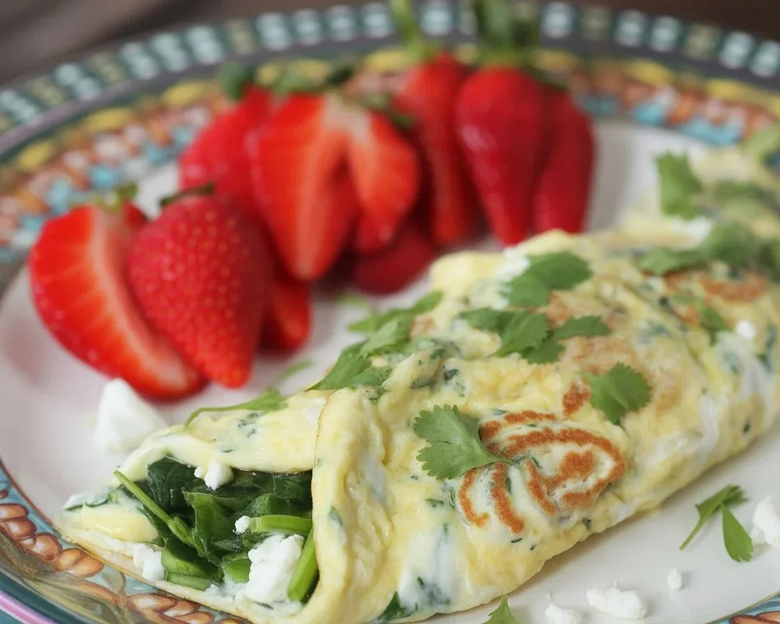 Healthy feta and spinach egg white omelette on a plate