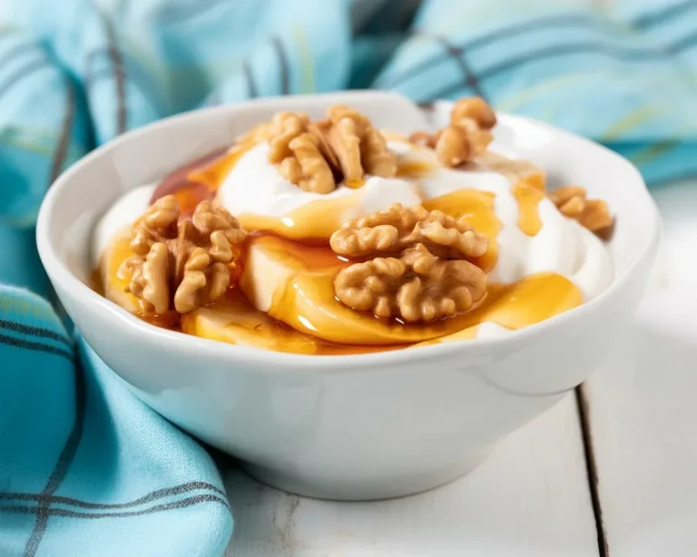 Delicious Greek Yogurt Parfait with Walnuts and Honey served in a jar.