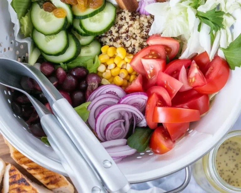 Fresh grilled chicken salad with mixed greens, tomatoes, and dressing