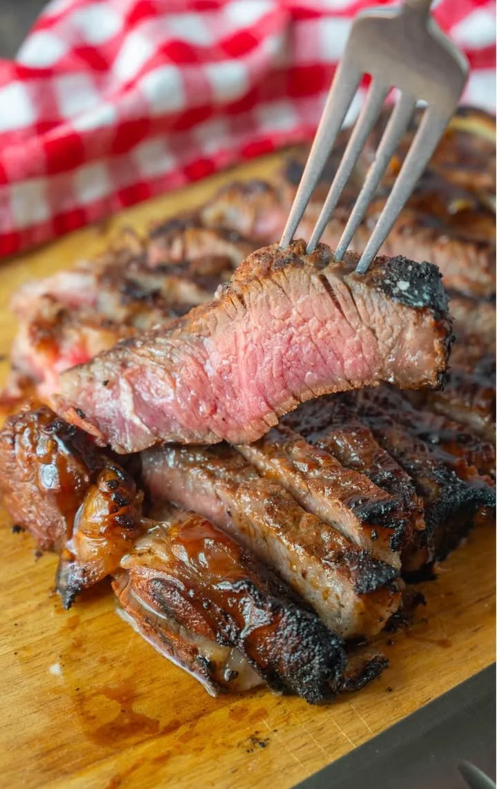 Grilled teriyaki New York steak served with vegetables on a plate