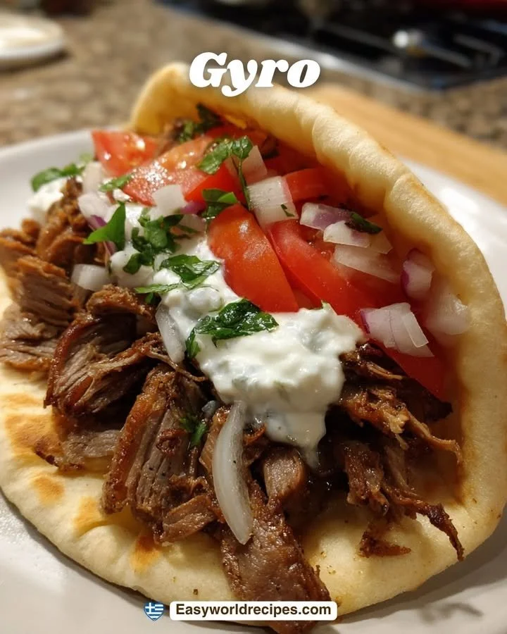 Delicious gyro wrapped in pita bread with fresh vegetables and sauces.