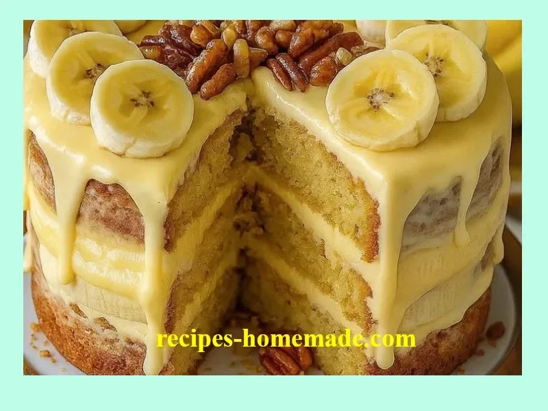 Sliced Heavenly Banana Walnut Cream Cloud Cake on a plate with walnuts