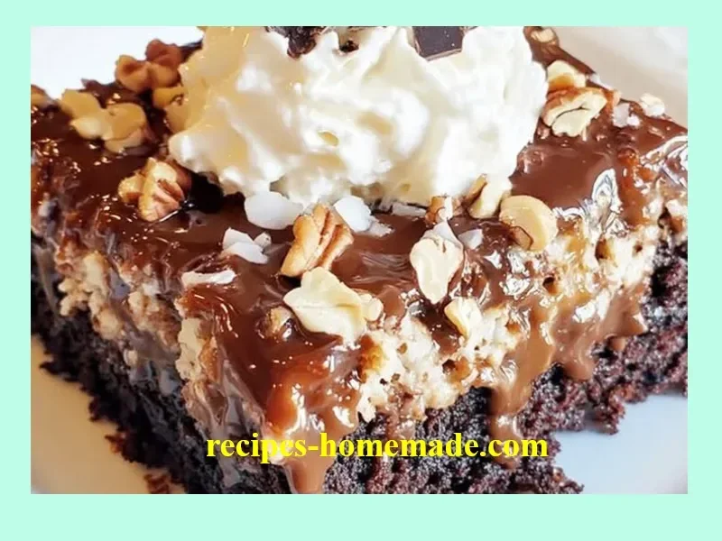 Heavenly German Chocolate Cake with coconut and pecan frosting