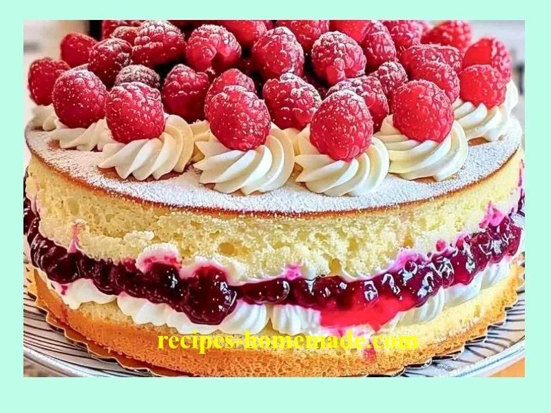 Delicious slice of Heavenly White Chocolate Raspberry Cake topped with fresh raspberries