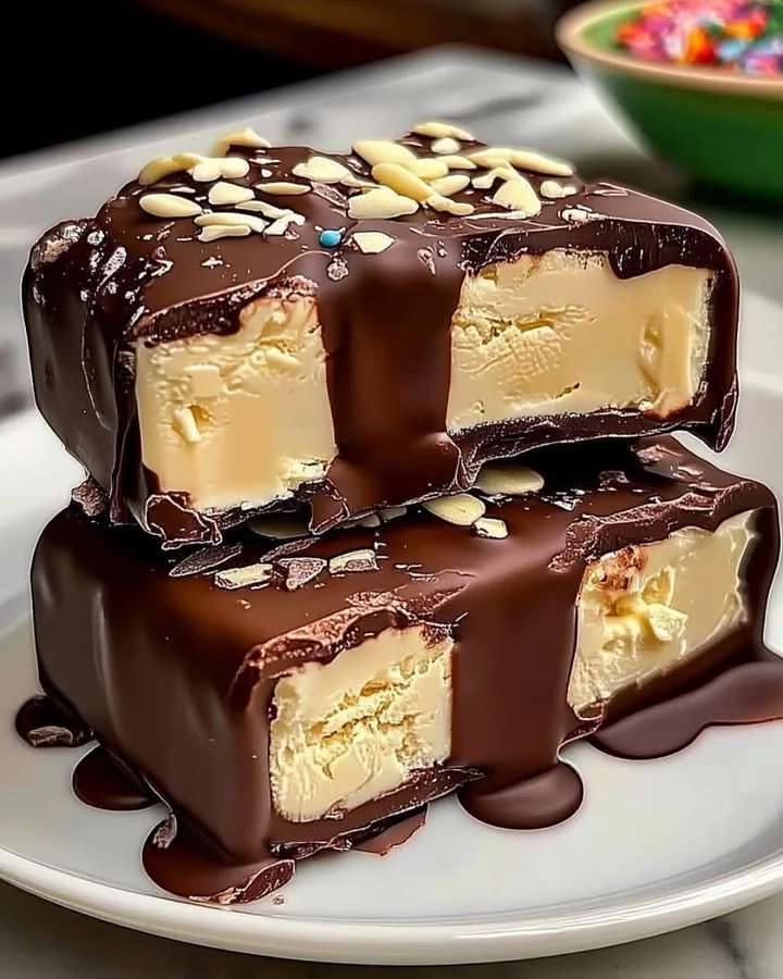 Homemade chocolate-covered ice cream bars on a plate