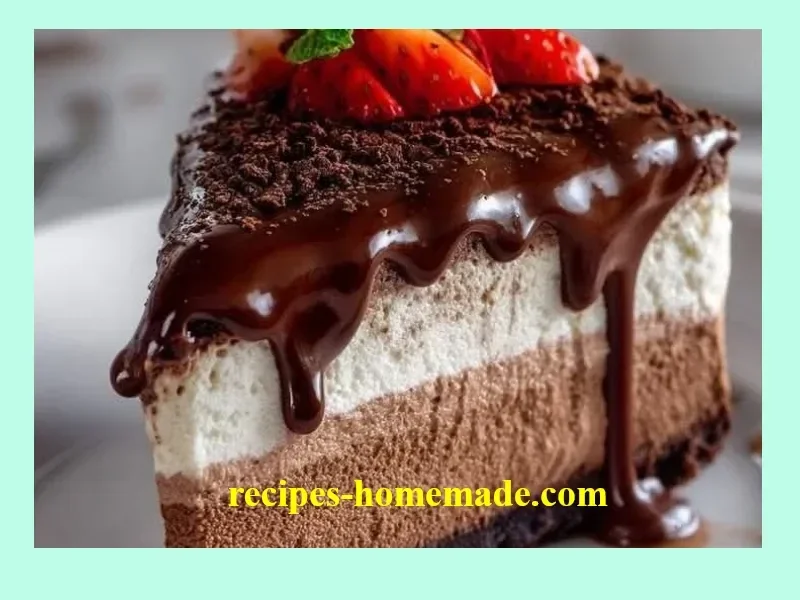 Homemade chocolate layered cheesecake featuring mousse and ganache
