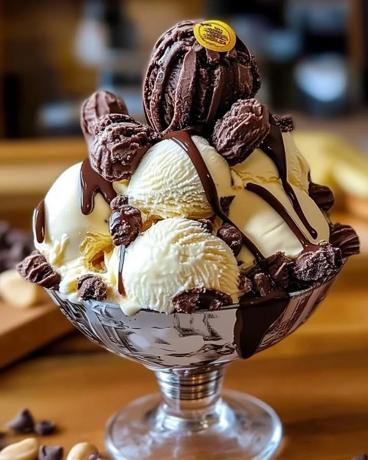 A bowl of homemade Moose Tracks Ice Cream with chocolate and peanut butter swirls