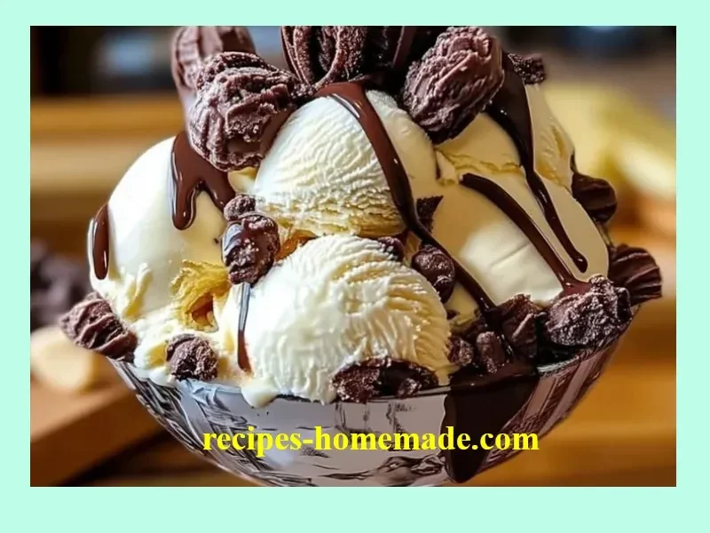 Bowl of homemade Moose Tracks ice cream with chocolate swirls and peanut butter cups