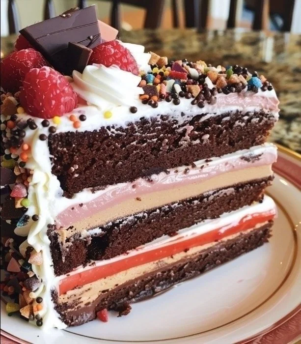 Delicious homemade Neapolitan Millionaire Cake with chocolate, strawberry, and vanilla layers.