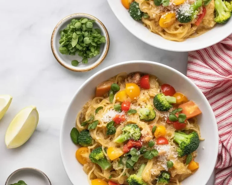 Delicious spaghetti squash primavera dish with colorful vegetables