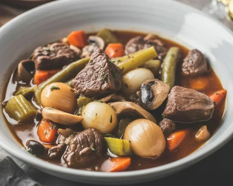 Bowl of Keto Beef Stew with vegetables and tender beef cubes
