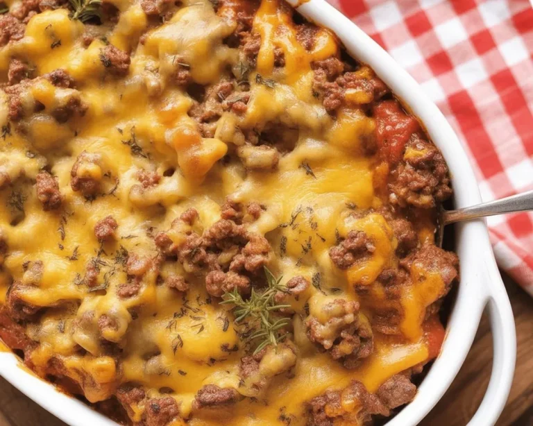 Delicious Keto Cheeseburger Casserole served in a dish with melted cheese