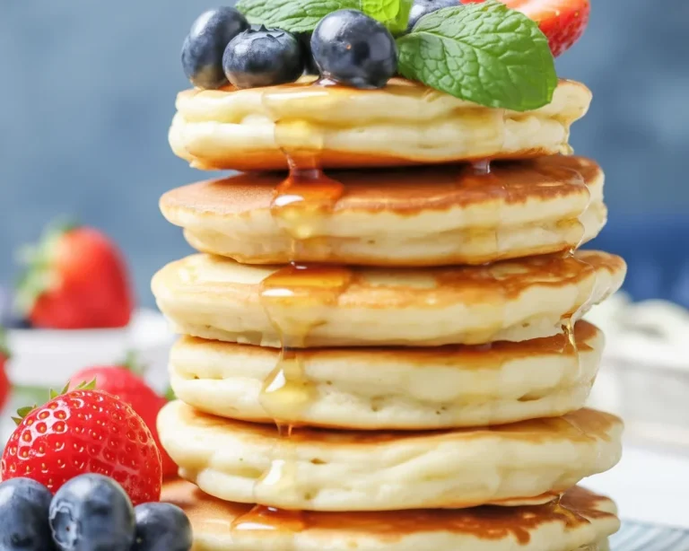 Fluffy Keto Pancakes topped with berries, a low carb American breakfast option.