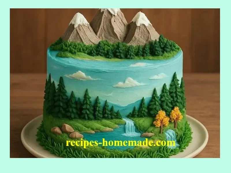 Beautifully designed landscape cake with edible scenery