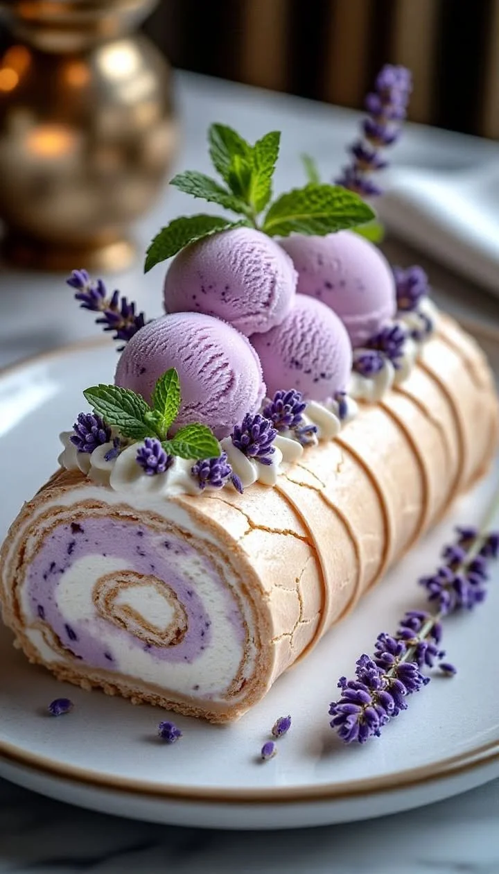Lavender and Vanilla Ice Cream Roll Cake on a decorative plate