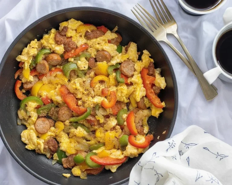 Low carb keto breakfast scramble with cheddar cheese and fresh vegetables
