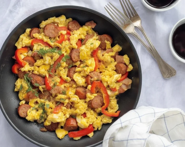 Low carb keto breakfast scramble with sausage and vegetables