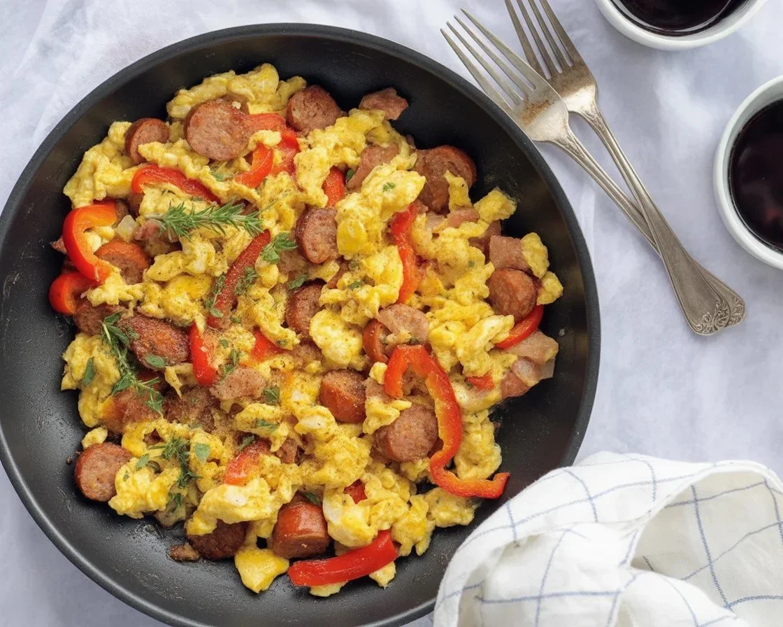 Low carb keto breakfast scramble with sausage and vegetables