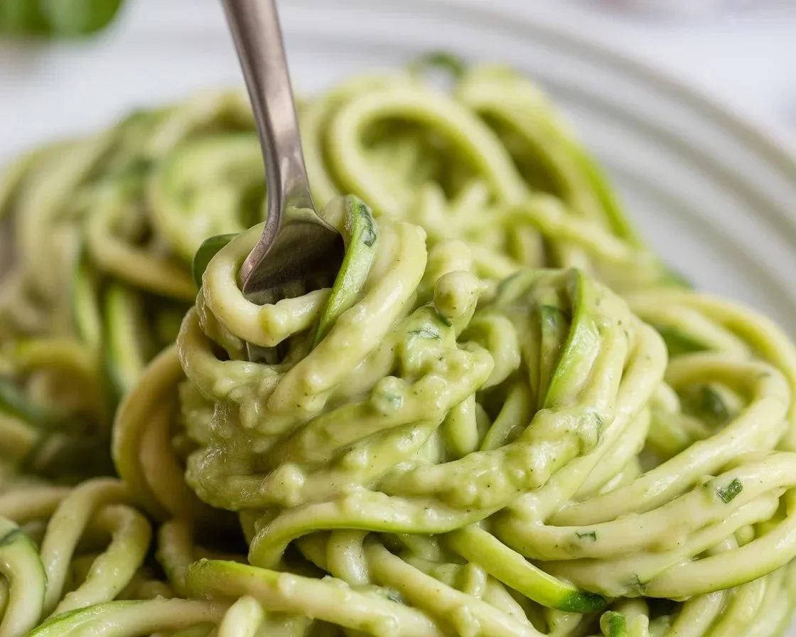 Plate of low-carb zucchini noodles with avocado pesto sauce garnished with basil.