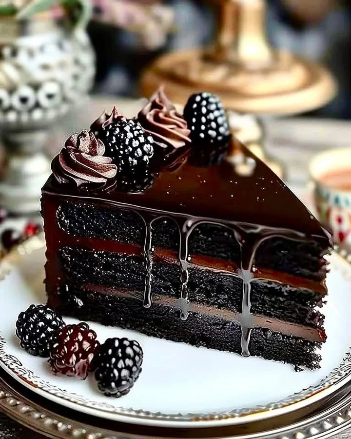 Slice of luxurious black velvet cake with creamy frosting