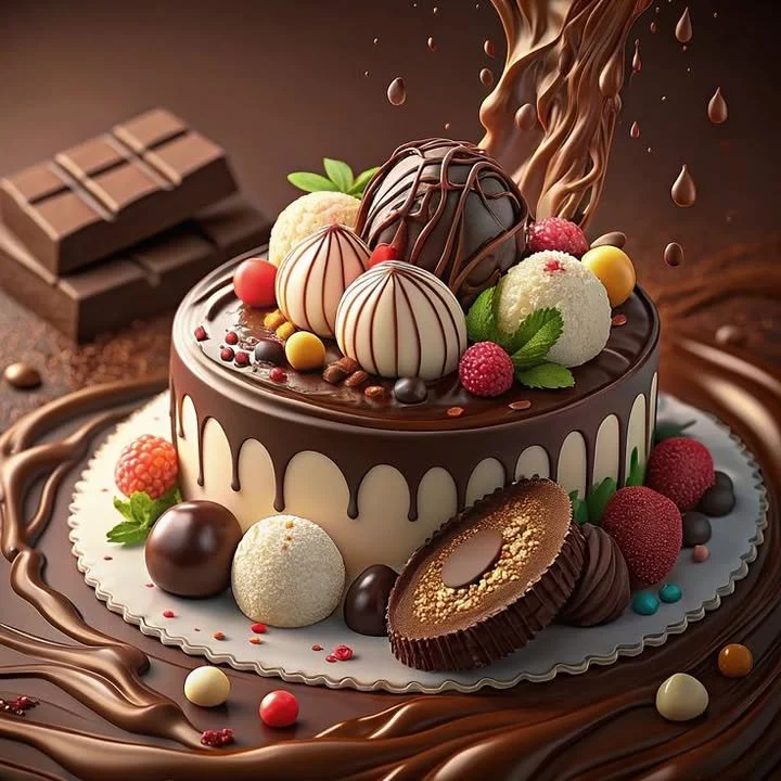 Luxury Chocolate Truffle Drip Cake topped with chocolate ganache and decorative elements