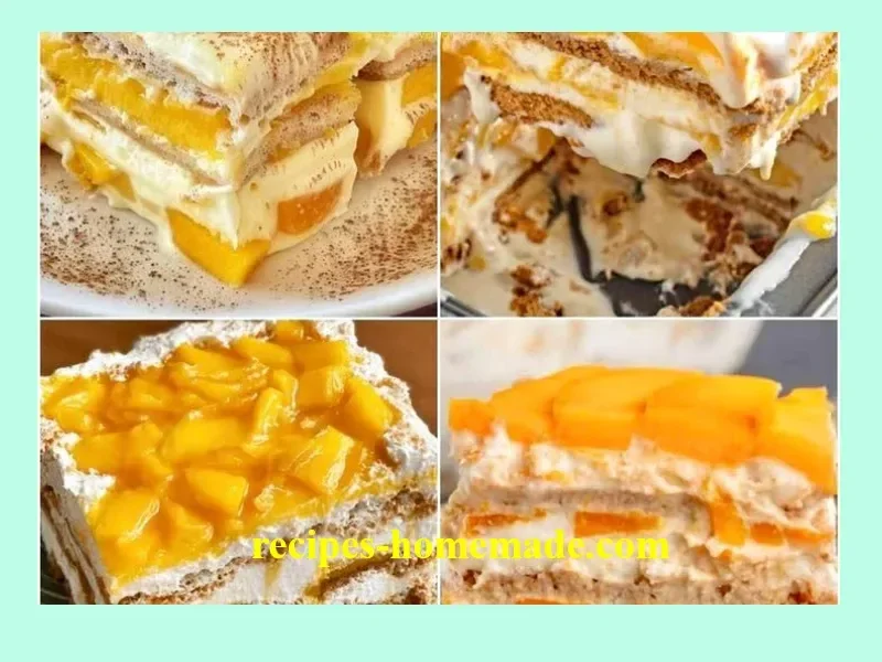 Mango Graham refrigerator cake with fresh mango slices and graham crackers