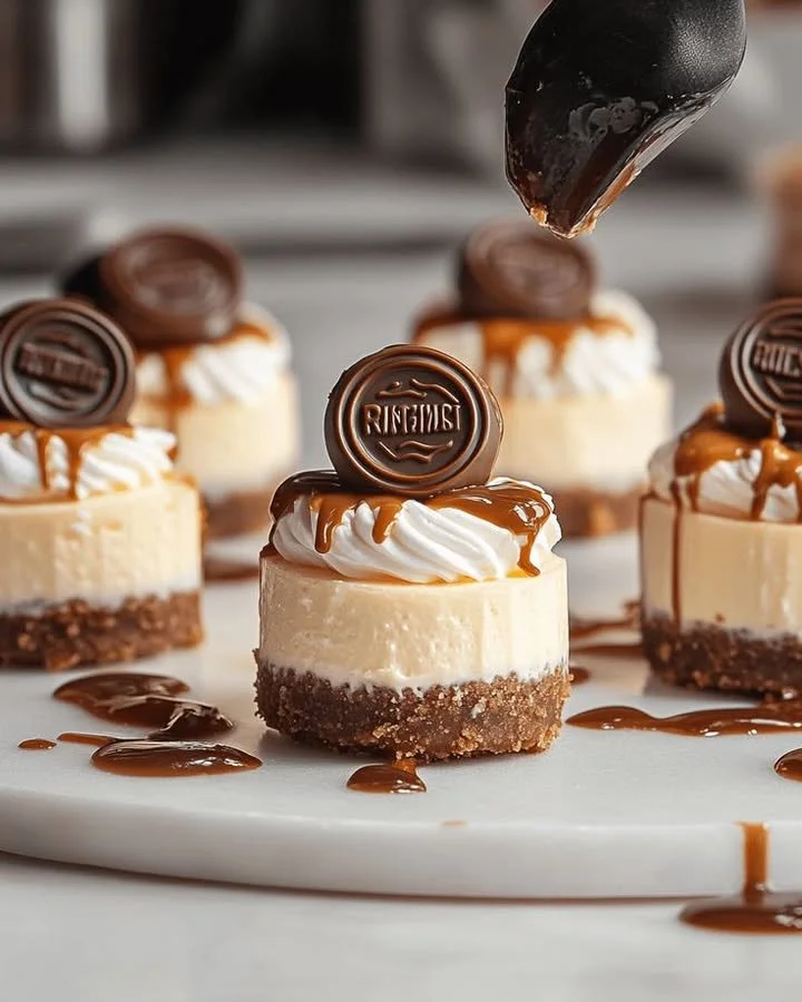 Delicious mini caramel cheesecakes topped with caramel sauce and whipped cream.