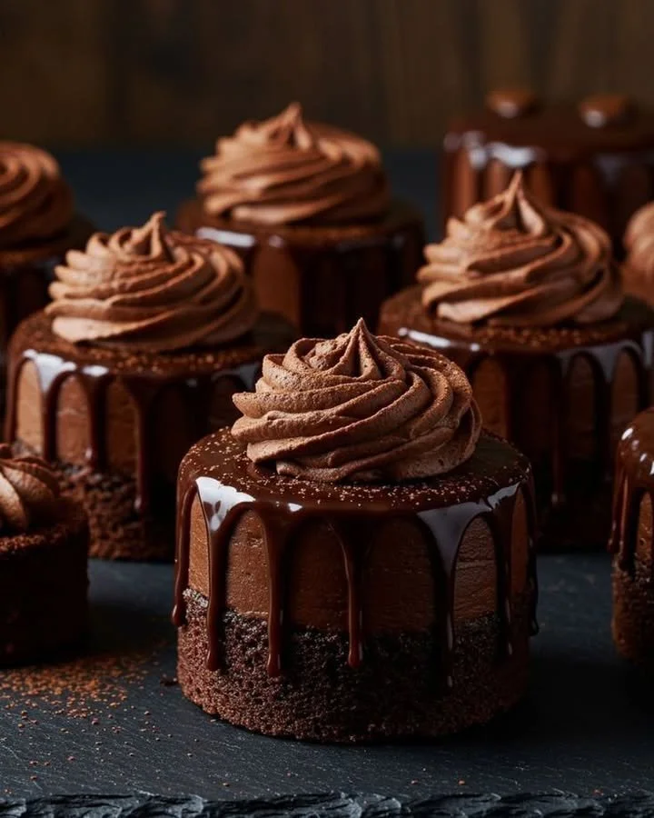 Mini chocolate mousse cakes topped with creamy chocolate and garnished with berries.