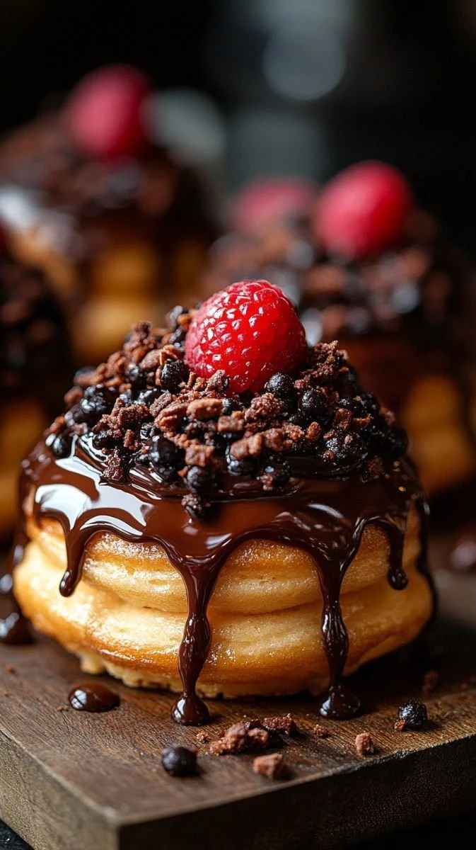 Mini chocolate raspberry cakes topped with fresh raspberries