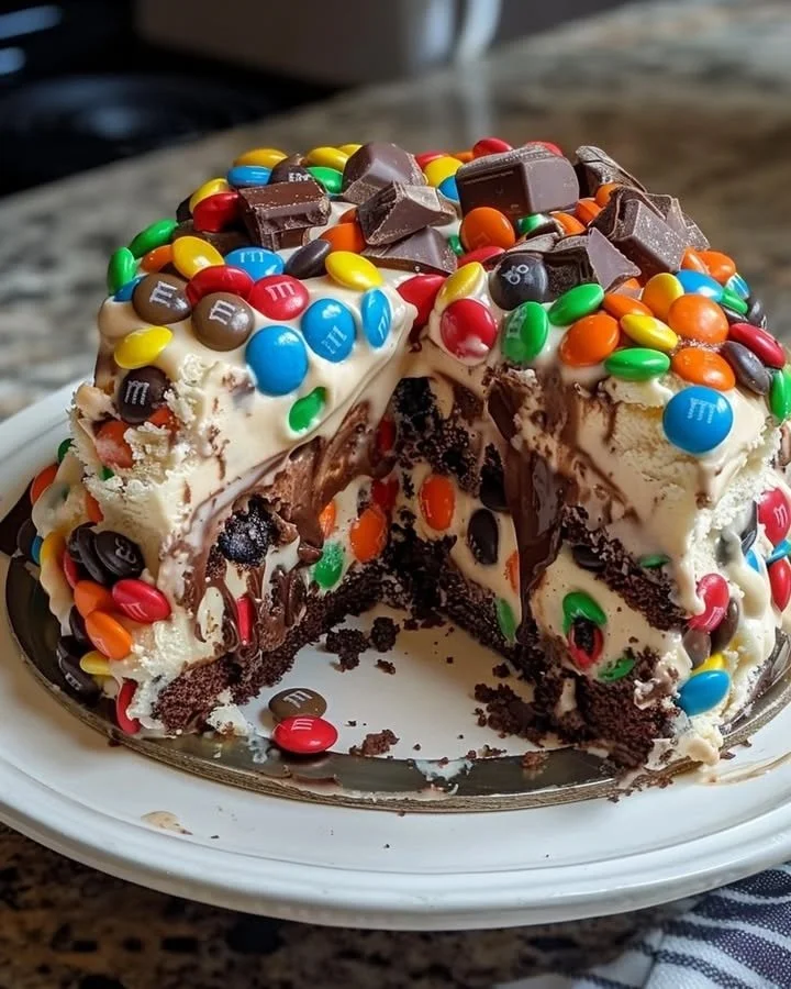 M&M's and chip cookie dough ice cream cake topped with colorful candies